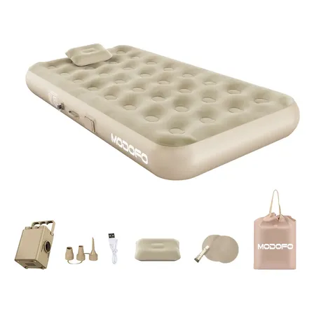 Colchão Inflável Solteiro Modofo 190x95x25cm - Bomba Integrada 2600mah (2min Inflar), Antimicrobiano Para Estudante/acampamento/quarto De Hóspedes Bege