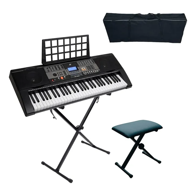Kit Mp809 Teclado Musical Banqueta Pie Funda Y Auriculares