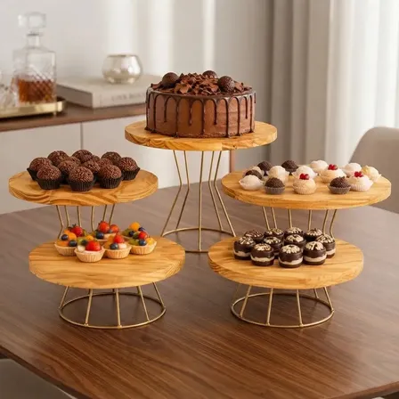 Kit Boleira Suporte Mesa 5 Peças Ferro E Madeira Dourado Festa Bolos