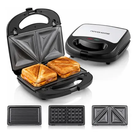 Sandwichera Waflera Parrilla Grill 3 En 1 Novohome Placas Antiadherentes Removibles Intercambiables Color Plateado Negro