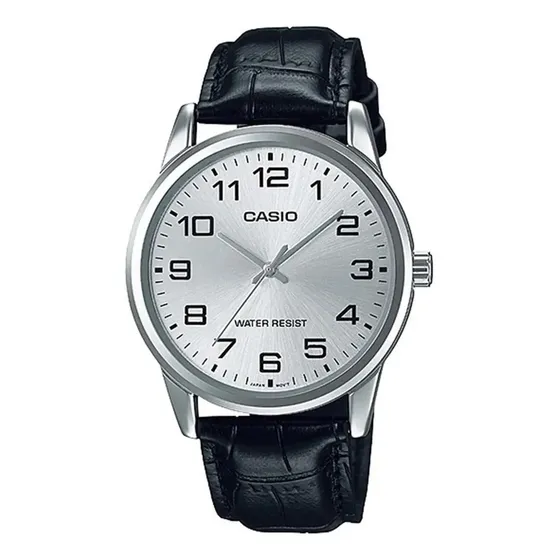 Reloj Casio MTP-V001GL-7BUDF con correa de cuero color negro y tablero color plateado | Cuotas sin interés