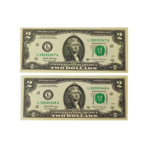 Billete De 2 Dólares En Serie, 2 Unidades Sin Circulación
