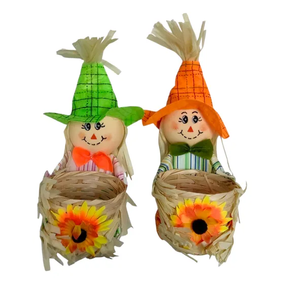 Kit 2 Cestinha Espantalho Decoração Festa Junina Boneco Palh