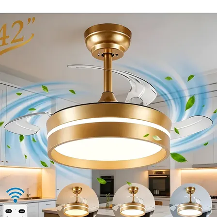 Ventilador De Teto Led Retrátil 42 Pol Silencioso Controle 1.07 M 50/60 Hz Dourado-escuro 110-240v Transparente Policarbonato 3