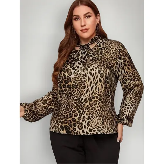 Blusa Con Estampado De Leopardo Con Cordon  Talla Plus
