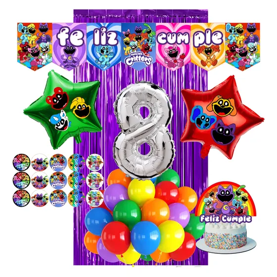 Pack Globos Smiling Critters Deco Banderin Stickers Topper