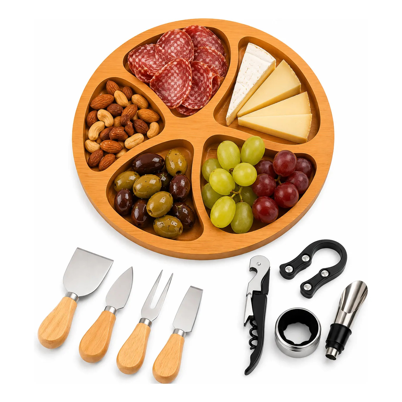 Kit Vinho 4 Peças + 4 Facas P Queijo + Petisqueira  Presente