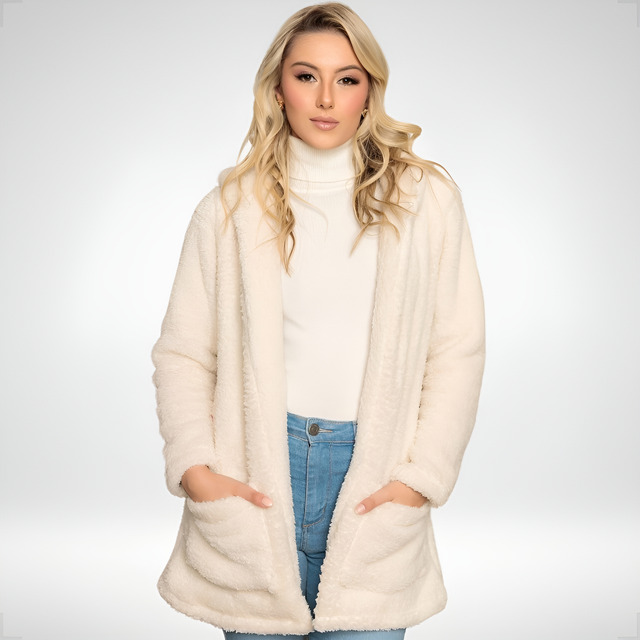 Blusa Teddy Feminino Casaco Sobretudo Inverno Bolsos Capuz