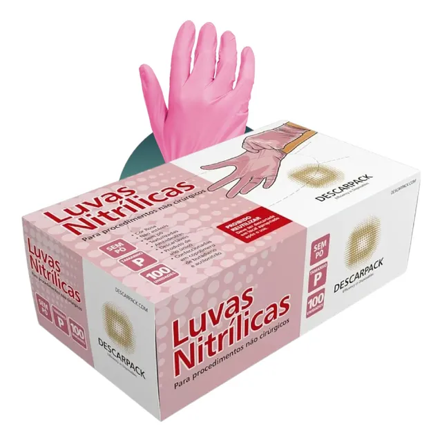 Luva Nitrílica - Rosa - Sem Pó - Descarpack C/ 100 Uni.