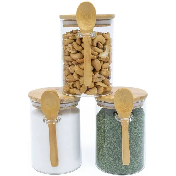 Santlen 3 Potes Vidro 250ml Hermético Colher Tampa Bambu 6,5x10cm