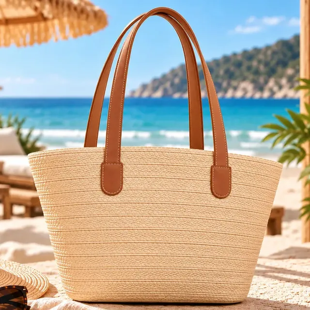Bolsa Palha Praia Feminina Grande Verão Piscina Sacola Luxo Acambamento dos ferragens Metal Cor Areia