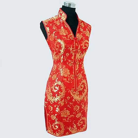 Vestido Chino De Satén Estampado S/mangas Cheongsam Qipao