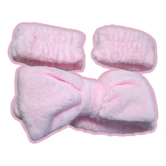 Pack Cintillo Spa + 2 Muñequeras, Limpieza Facial Color Rosa