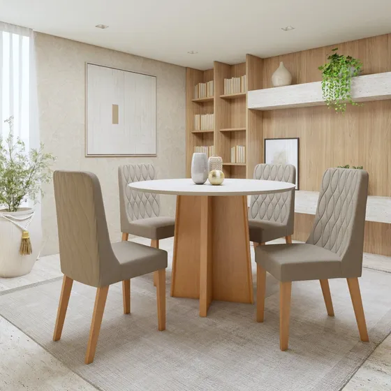 Conjunto De Mesa Com 4 Cadeiras Tampo Redondo Em Mdf Luar