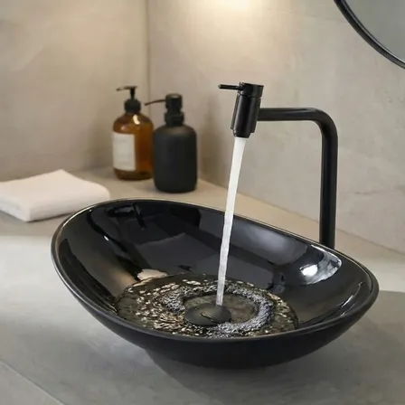 Cuba De Vidro Para Banheiro Lavabo Preto Brilho Oval 47,5cm Preto Brilho Brilhante