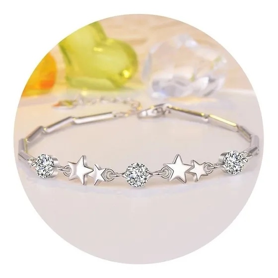 Pulsera Plata 925 Ajustable Estrellas Circón En Oro Blanco Color Plateado Diámetro 1 cm Largo 19