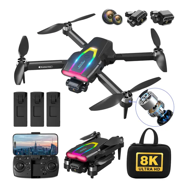 Fij Mini Dron Con Cámara 8k Hd F199 Sin Escobillas 3 Baterías Con luz LED, adecuado para principiantes color Negro