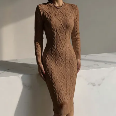 Vestido Tricô Longo Trança Fenda Inverno Manga Longa Tricot Marrom M/g