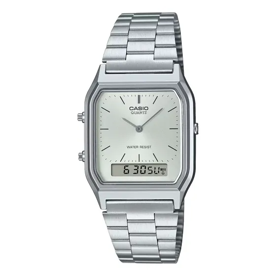 Reloj Casio Vintage Aq-230a-7a Wr Analogo Digital Malla Plateado Bisel Plateado Fondo Plateado