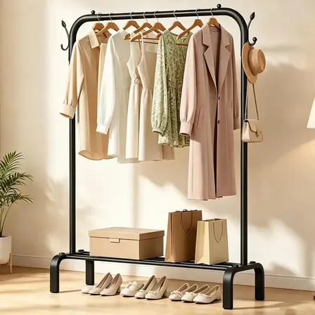 Cabideiro Arara De Roupas De Chão Com Sapateira Suporta 50kg Preto 110x150cm