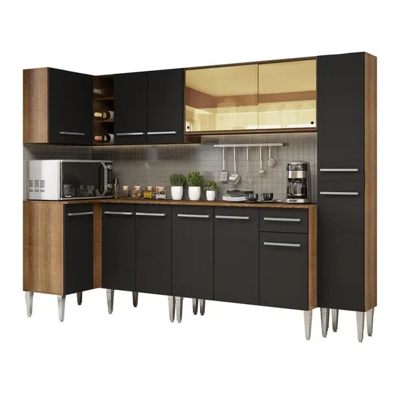 Cozinha Canto Madesa Emilly Wave Armário Balcão Paneleiro Cor Rustic/Preto