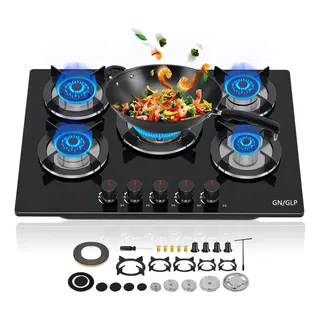 Estufa De Mesa Parrilla De Gas 5 Quemadores Cristal Templado Color Negro