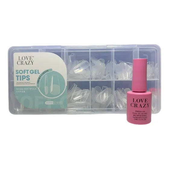 Tips Soft Gel 504pz Mas Pegamento Press On Diseño A Eleccion Color Cristal Coffin Short