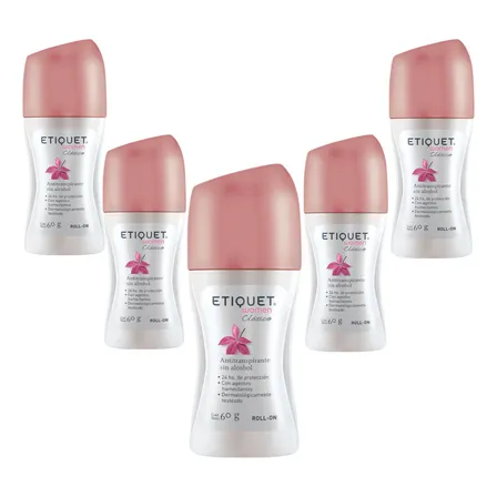 Pack X5 Desodorante Etiquet Roll-on Women Clásico 60g Fragancia Neutra