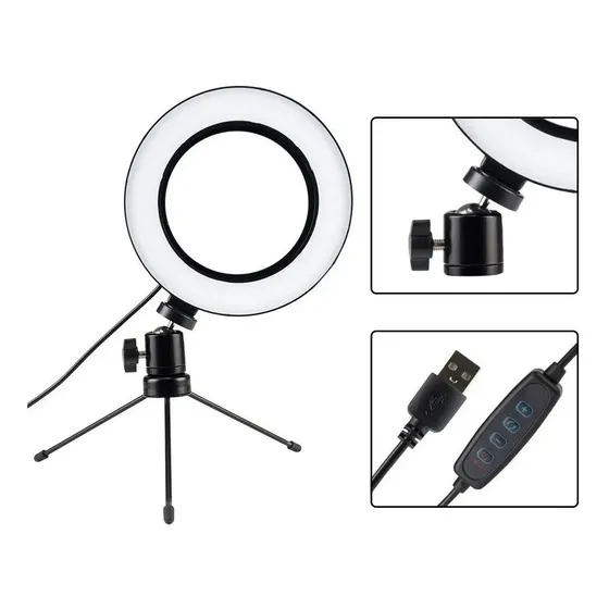 Ring Light Iluminador 6 Polegadas 16cm Usb Led Tripé Mesa Cor da estrutura Preto Cor da luz 3 Cores 127/220V