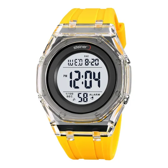 Reloj De Hombre Digital Steiner Traslúcido 5 Atm Wateresist Correa Amarillo Fondo Negro