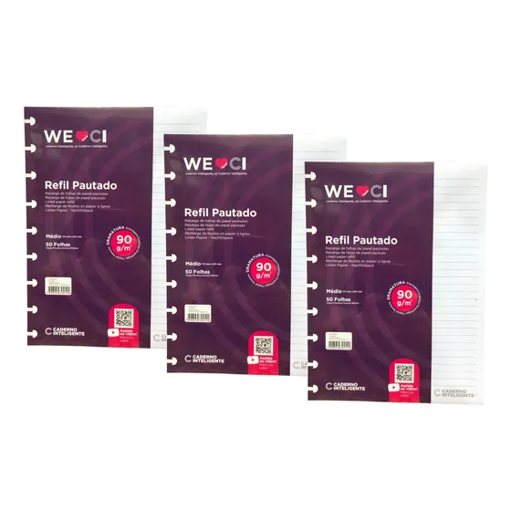 Kit 3 Refil Médio Caderno Inteligente Pautado 9 Furos Ci