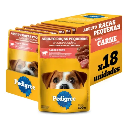 Pack Ração Úmida Pedigree para Cães Adultos Raças Pequenas Sachês Carne 100g - Caixa com 18 unidades