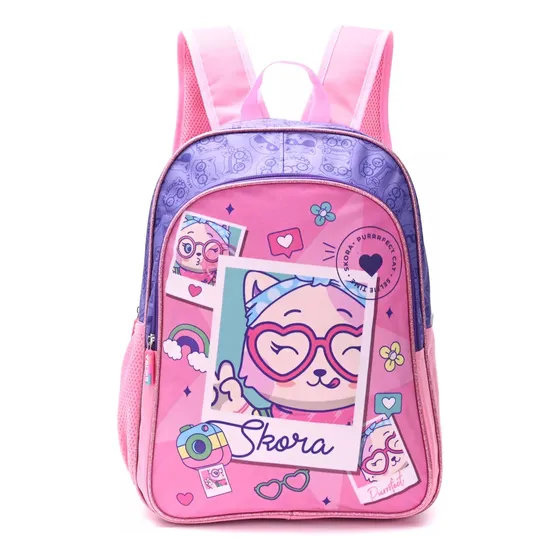 Mochila Espalda 16 PuLG Infantil Escolar Juvenil Skora Mca Color Lila Y Rosa Diseño De La Tela Gatito Lentes