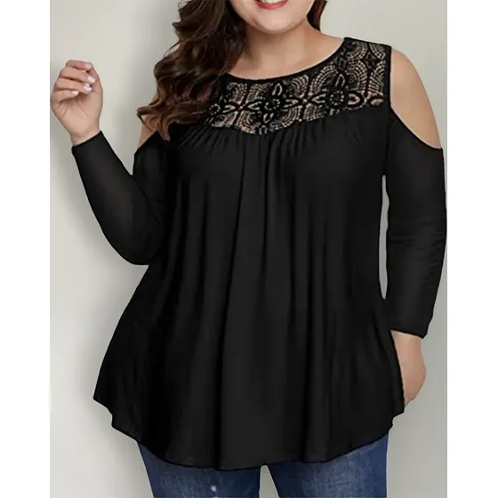 Blusa, Bata, Plus Size, Manga Longa, Com Detalhe Em Renda