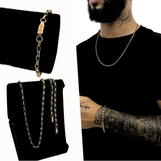 Corrente Cordão Masculina Tijolinho Estiloso + Pulseira