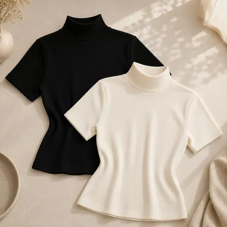 Kit 2 Blusas Gola Alta Feminina Manga Curta Ribana Canelada Preto/off-white Liso Único: 36 A 42