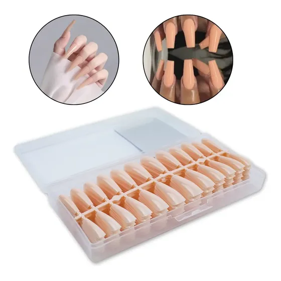 Kit 240 Unha Postiça Soft Gel Bailarina Realista Nude Claro Alongamento de Unhas Full Cover Rosa Claro 12 Tamanhos Manicure