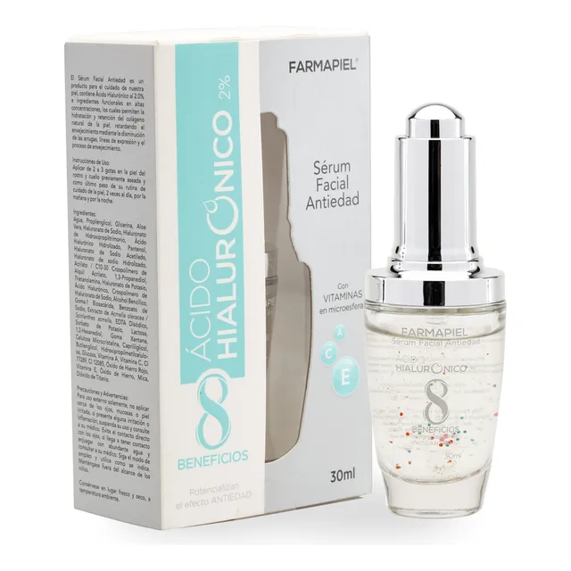 Serum Antiedad Con 8 Tipos De Ácidos Hialurónicos Farmapiel 30 G con vitaminas A, C y E concentración 2% para todo tipo de piel día/noche