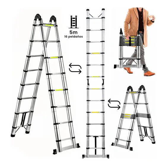 Escalera Telescópica De Aluminio Raganet HG112 16 Peldaños Tipo Tijera 5 M Color Plateado
