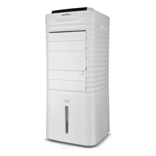 Climatizador de ar Britânia Air 4 em 1 modelo BCL08A na cor branca, com reservatório de 8 litros e visor de nível de água frontal.