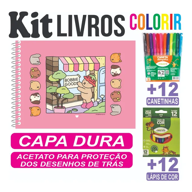 Livro De Colorir Pintar Vários Temas Capa Dura Com Acetato Canetinha E Lápis De Cor Infantil