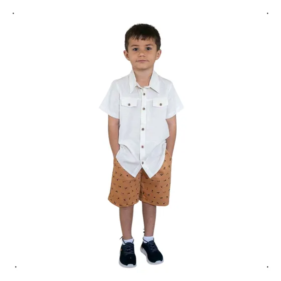 Conjunto Infantil Masculino Camisa Linho E  Bermuda 4 Ao 10