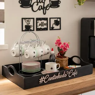 Bandeja Cantinho Do Café + Kit 4 Quadros Decoração Em Mdf Preto