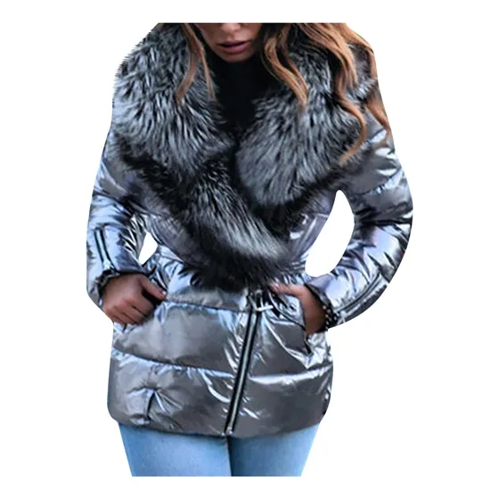 Chaqueta Acolchada De Plumón Con Cuello Brillante Para Mujer