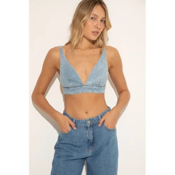 Top Denim Ajustado Con Broche De Algodon Mujer Portsaid