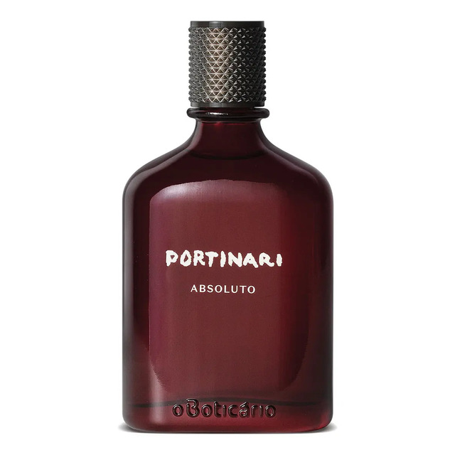 Frasco de vidro escuro do perfume Portinari Absoluto de O Boticário com tampa texturizada