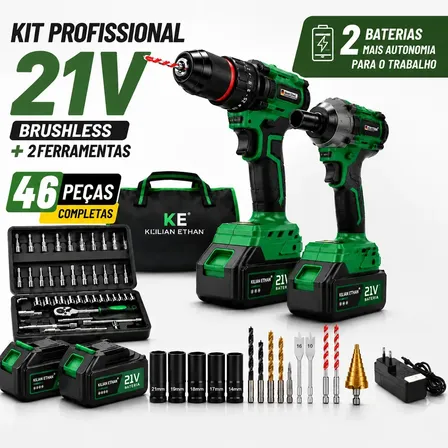 Kit Furadeira Brushless + Chave de Impacto 1/2" + Jogo 46 Peças | 2 Baterias + Carregador | Sistema Profissional para Instalação Montagem e Manutenção | Compatível com Baterias Makita 18V