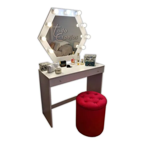 Espejo Camerino Luces Hexagonal Escritorio Y Puff Capitone 