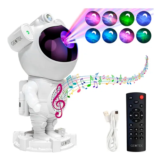 Velador Proyector Astronauta Geotek Parlante Bluetooth Luz Galaxia Estrellas Estructura Blanco