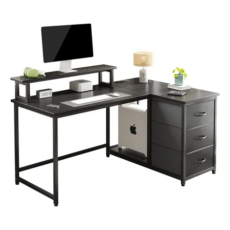 Moderno Escritorio Reversible Forma De L Con 3 Cajonescajón De Tela Simple De Gran Capacidadpara Oficinas, Dormitorios De Sala De Estar 120*80*91.5cm Negro Ambueco A036-negro